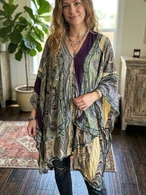 Baba Mixed Print Boho Kimono Tunic Wrap - One Size India Lagenlook Hippie Indie